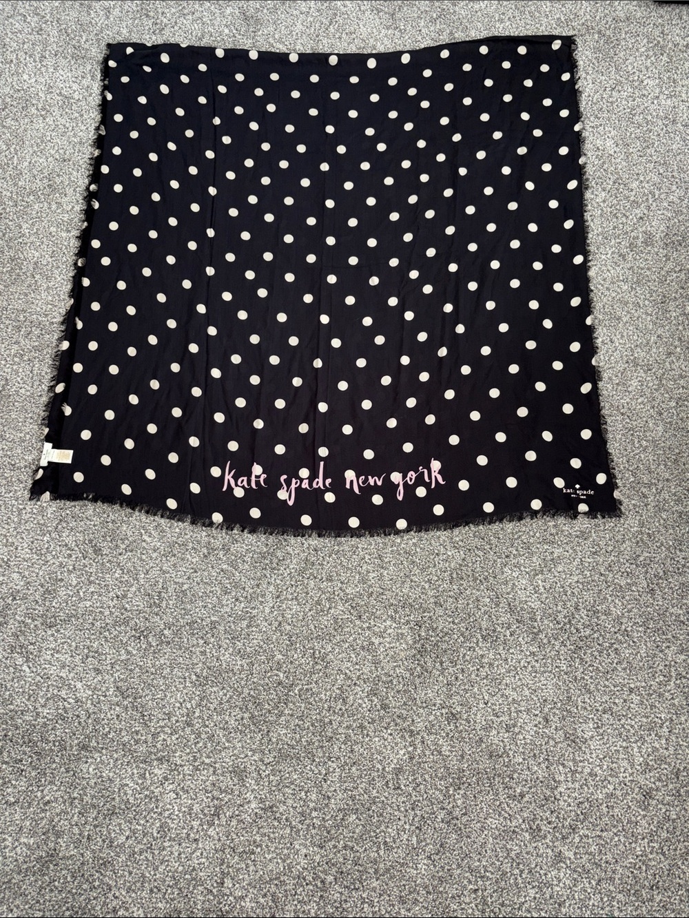 Kate Spade New York Scarf in Black and Cream Polka Dots with Fringed Edge